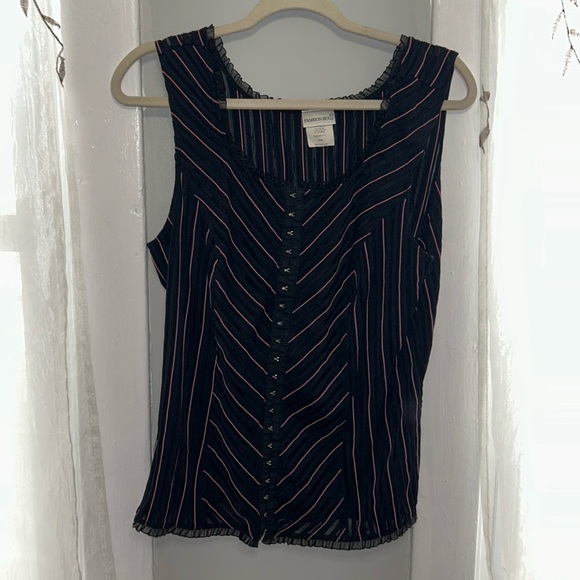Fashion Bug Tops - Fashion Bug Pin Stripe y2k Grunge Pink Black Tank Top Lace Neckline Faux Corset